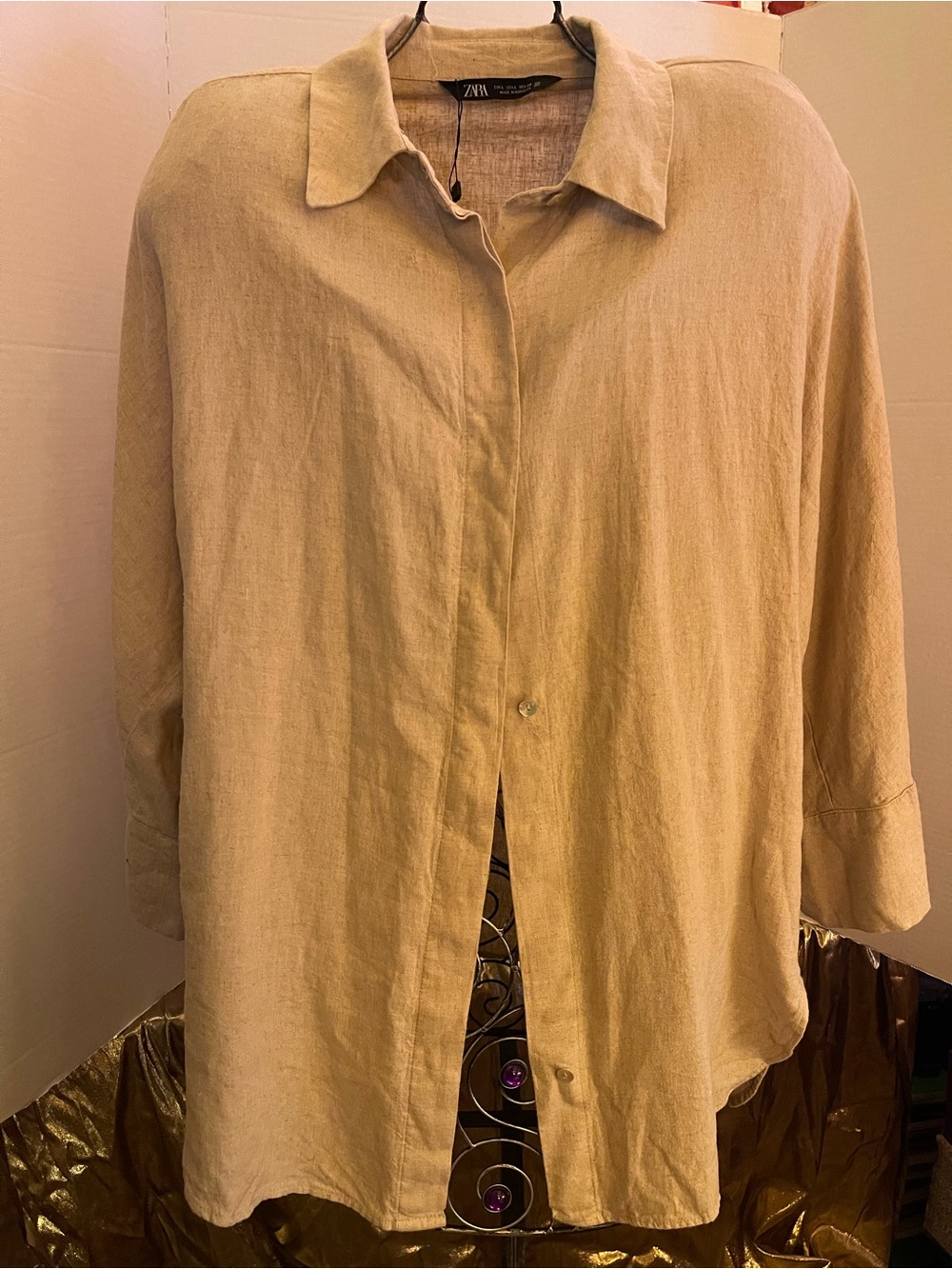 Zara Light Beige Linen Button-Down Shirt size L